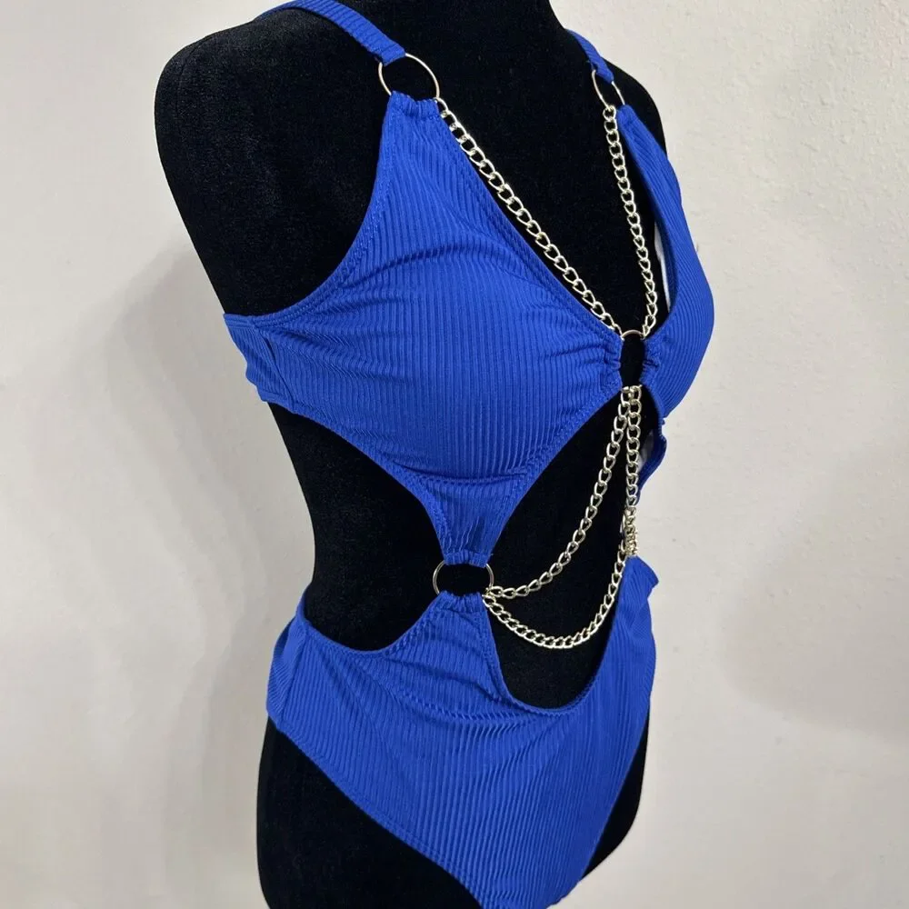 Swim Sexy Chain One Piece Bikini Swimsuit Women Large Blue Cutout Monokini Beach